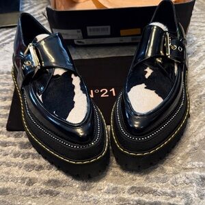 N21 Black Patent Leather Loafers with Cow Print Detail